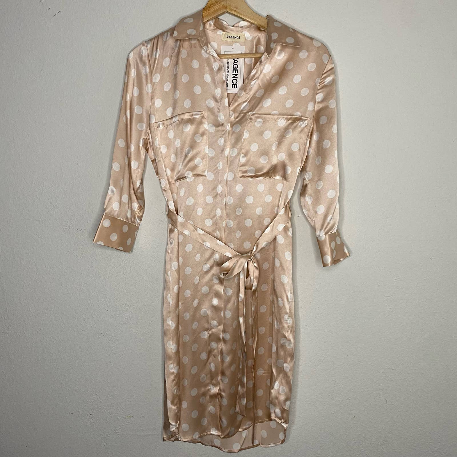 L’agence Silk Champagne Polka Dotted Button Down Dress Small